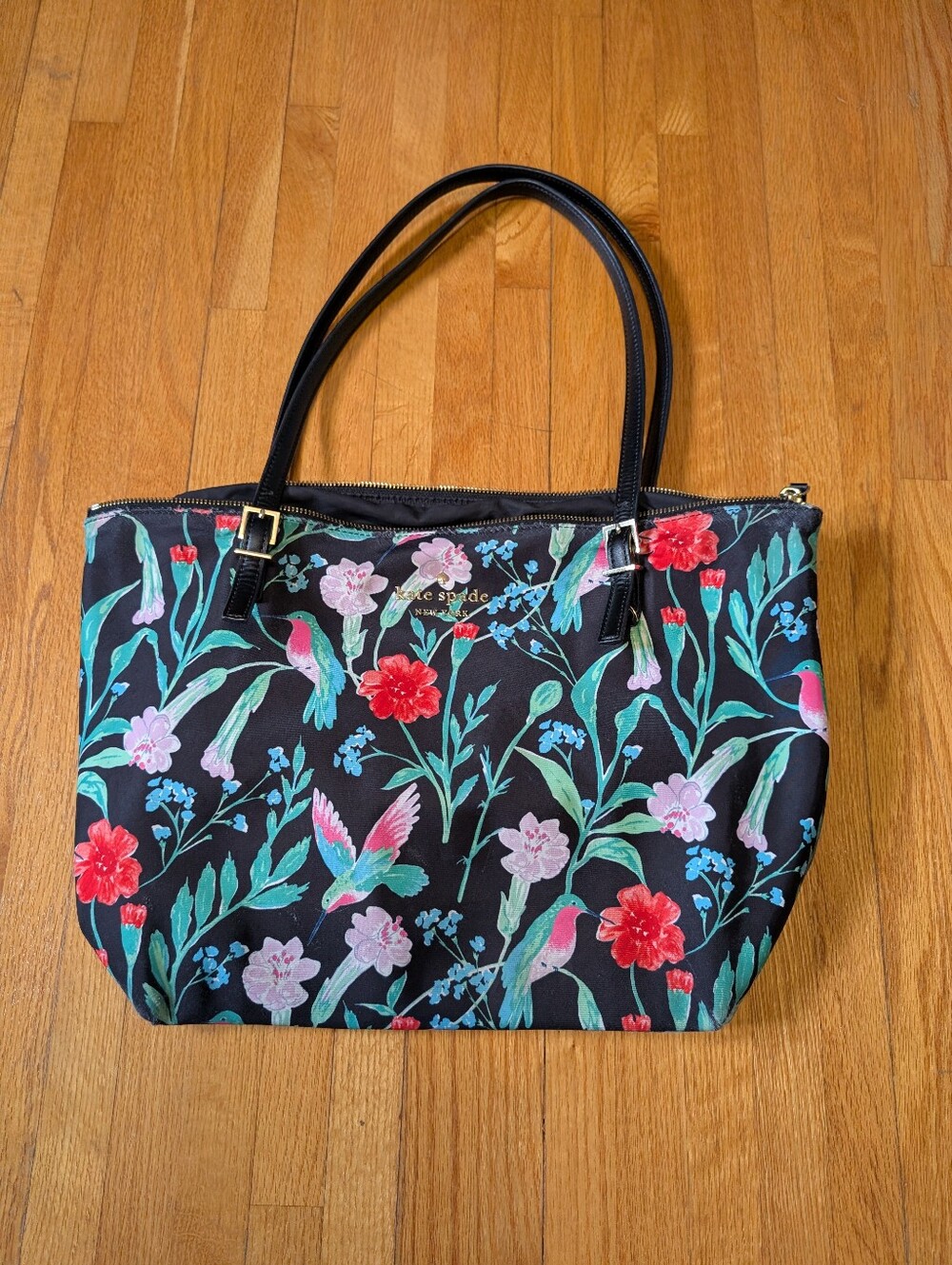 Kate Spade Floral Hummingbird Nylon Tote Bag Black Zip Top